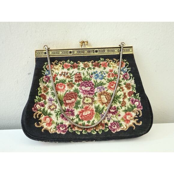 Handbags - Vintage Petit Point Floral Purse on Black – Gold Frame, Handbag Clutch